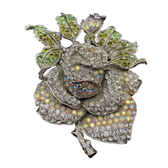 Unbranded Jewelry - AB Clear Crystal Rose Brooch Huge 4" Silver Tone Thorns Green Leaves Rosebud